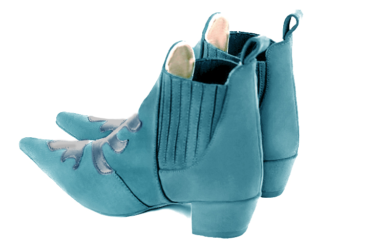 Peacock blue women's ankle boots, with elastics. Pointed toe. Low cone heels. Rear view - Florence KOOIJMAN